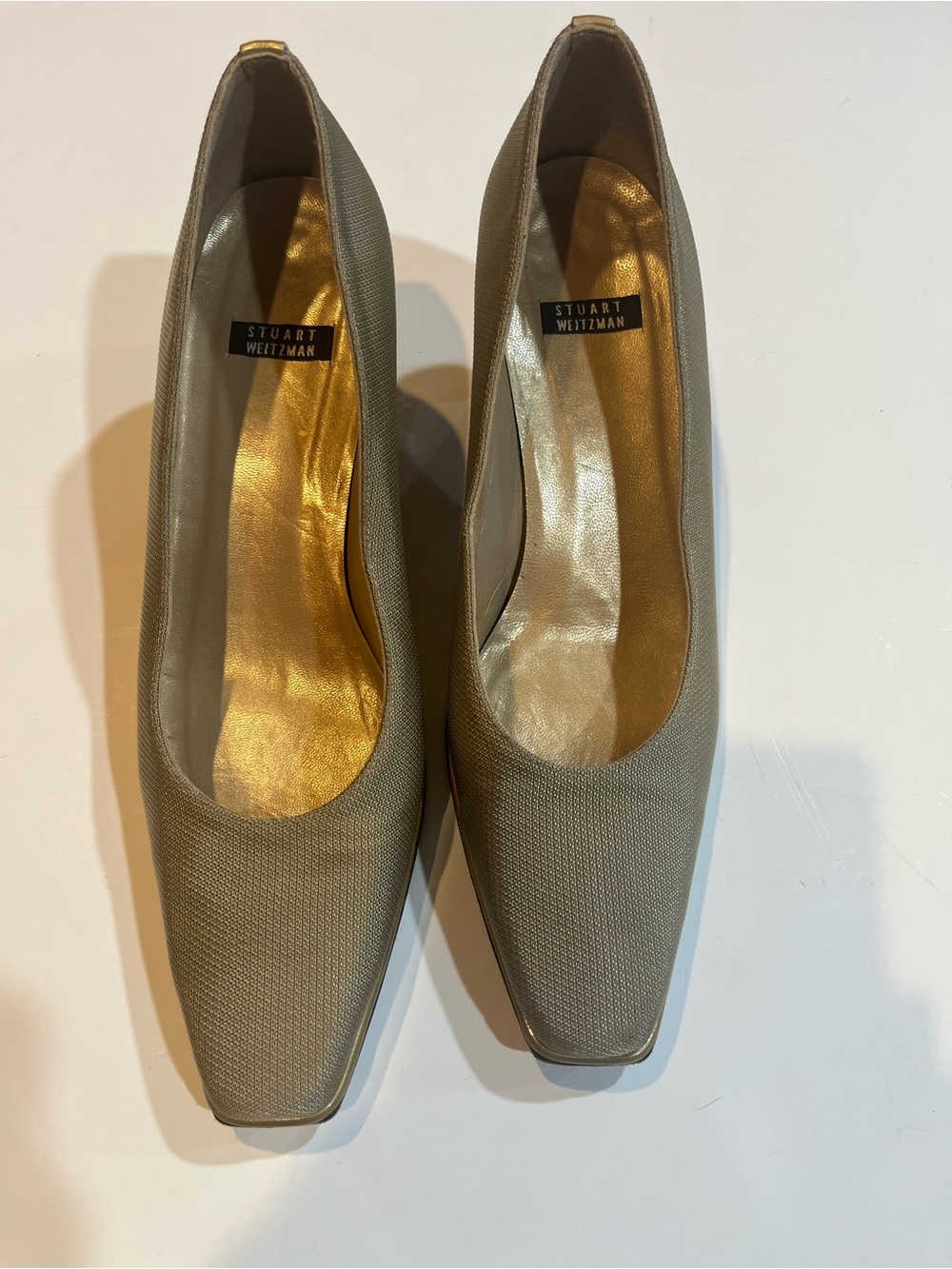 Stuart Weitzman Taupe Textured Square-Toe Pumps with Gold Insole